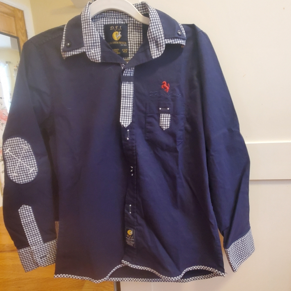 Navy Blue Button-Up Shirt with Checkered Accents